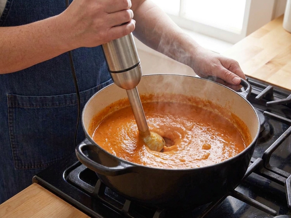 An immersion blender pureeing tomato soup in a pot, creating a smooth, creamy texture