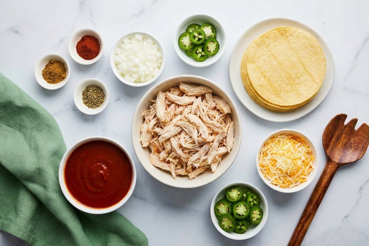 An ingredient lineup for chicken enchilada casserole including tortillas, shredded chicken, enchilada sauce, shredded cheese, onion, green chiles, and spices on a tidy kitchen counter