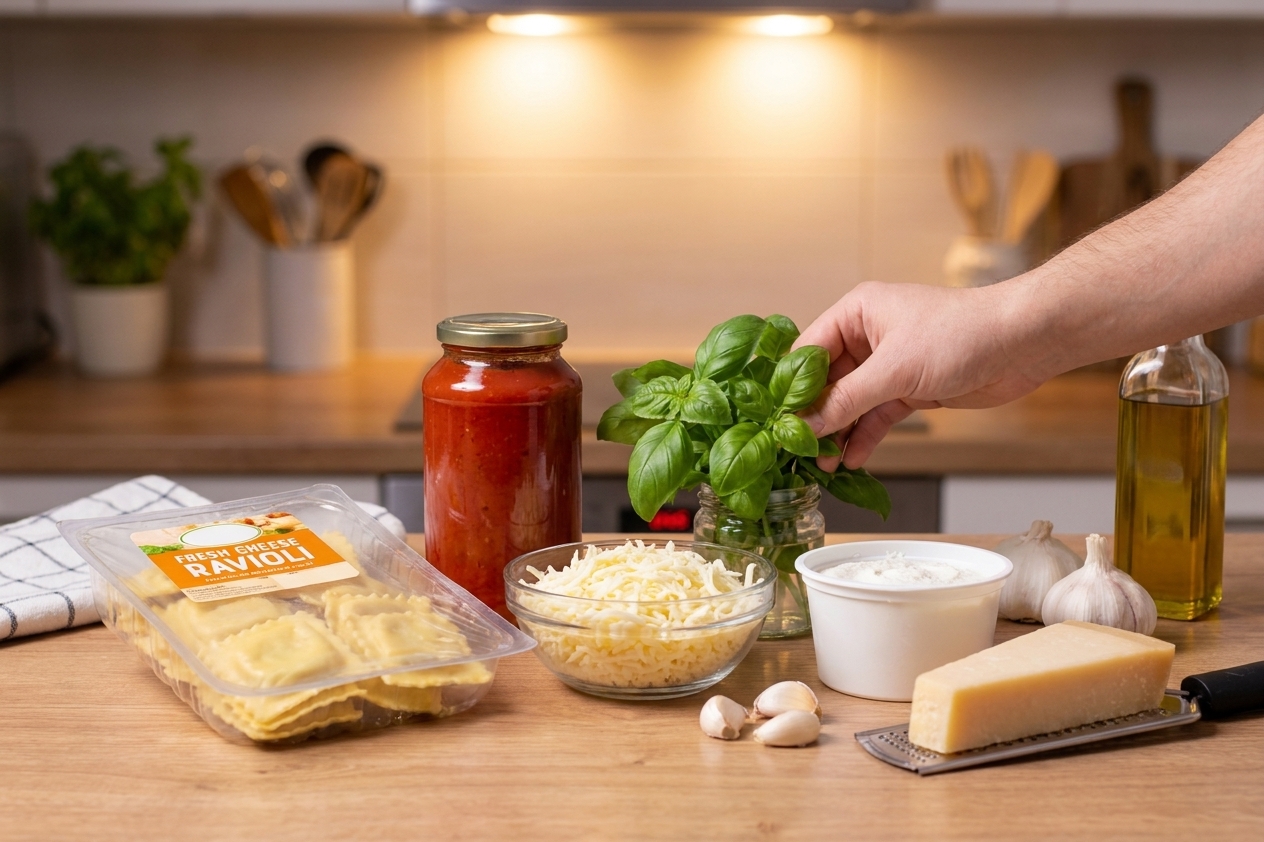 An ingredient setup on a kitchen counter with cheese ravioli, a jar of marinara, shredded mozzarella, ricotta, parmesan, garlic, and a bunch of basil
