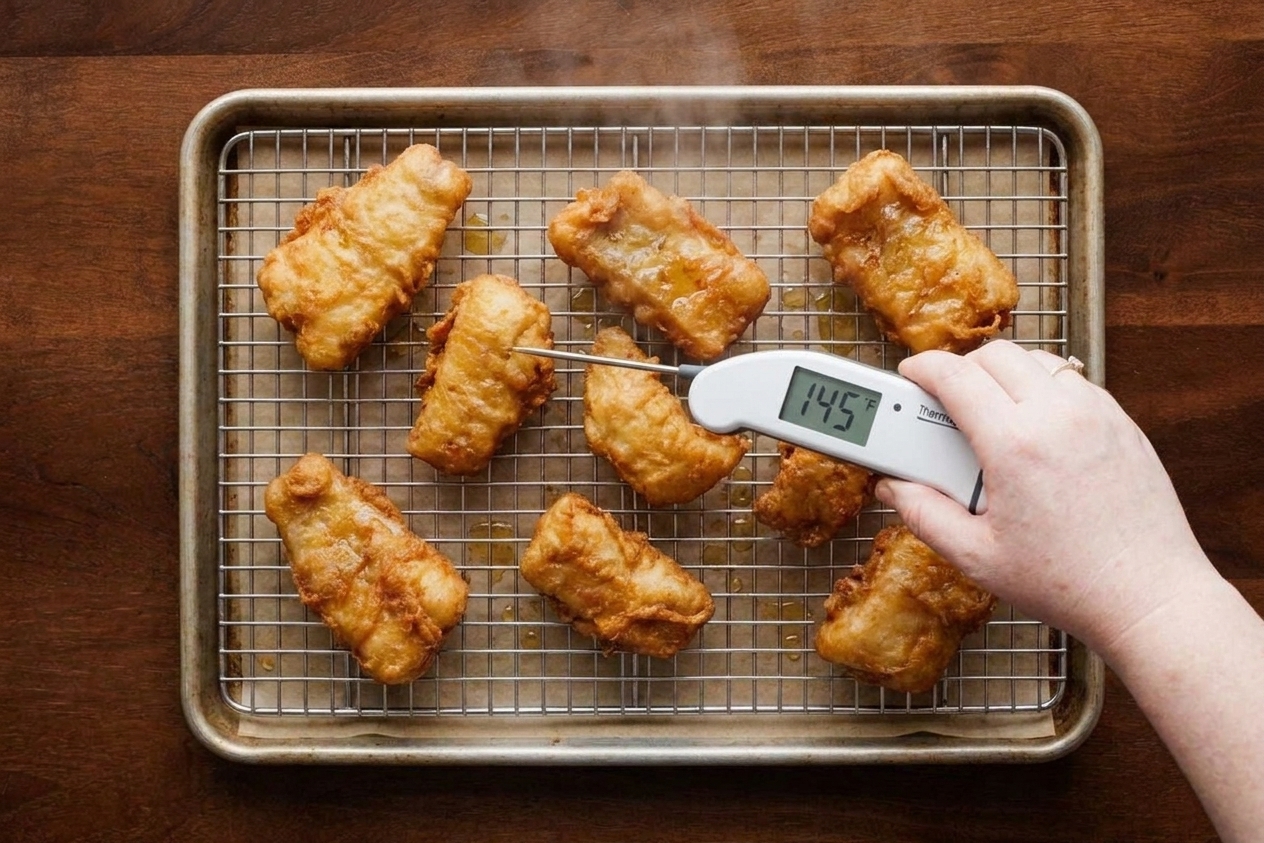 An instant read thermometer being inserted into a thick piece of freshly fried fish resting on a wire rack