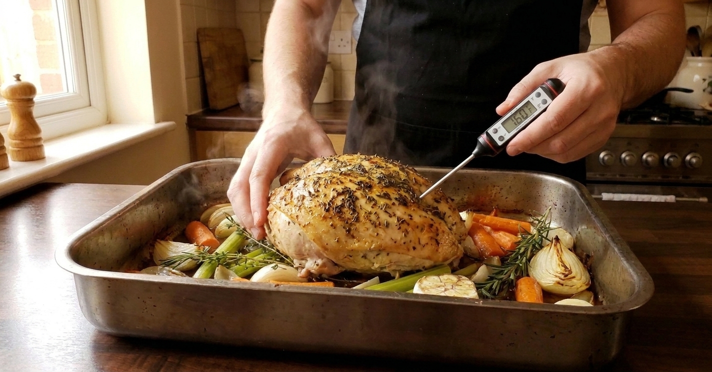 An instant-read thermometer being inserted into the thickest part of a roasted turkey breast in a roasting pan