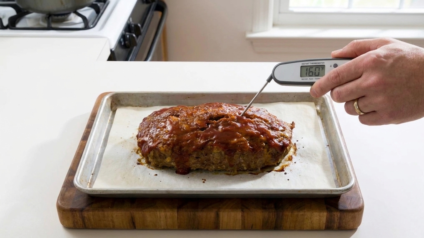 An instant-read thermometer being inserted into the center of a baked meatloaf on a sheet pan