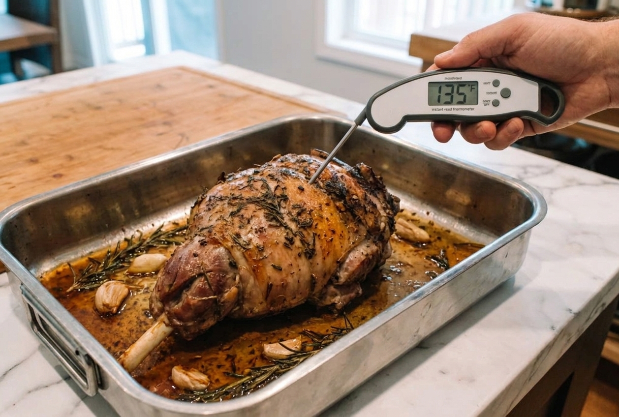 An instant-read thermometer being inserted into the thickest part of a roasted deboned leg of lamb in a roasting pan