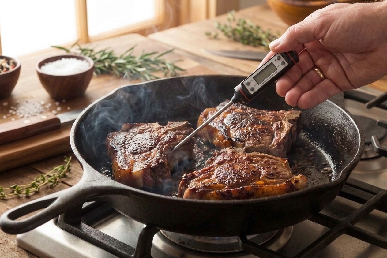 An instant read thermometer being inserted into the thickest part of a lamb shoulder chop in a skillet on a home stove