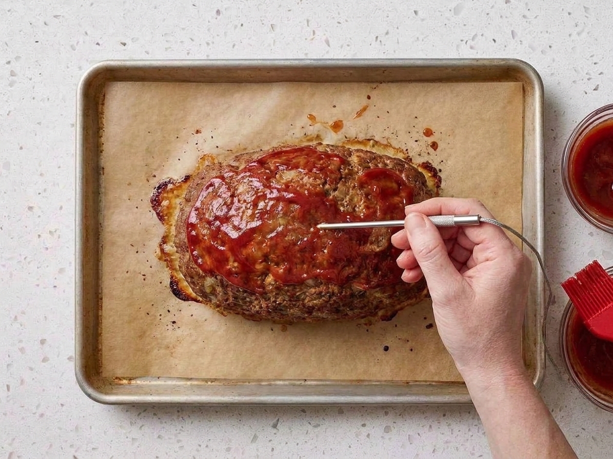 An instant read thermometer being inserted into the center of a baked meatloaf on a sheet pan