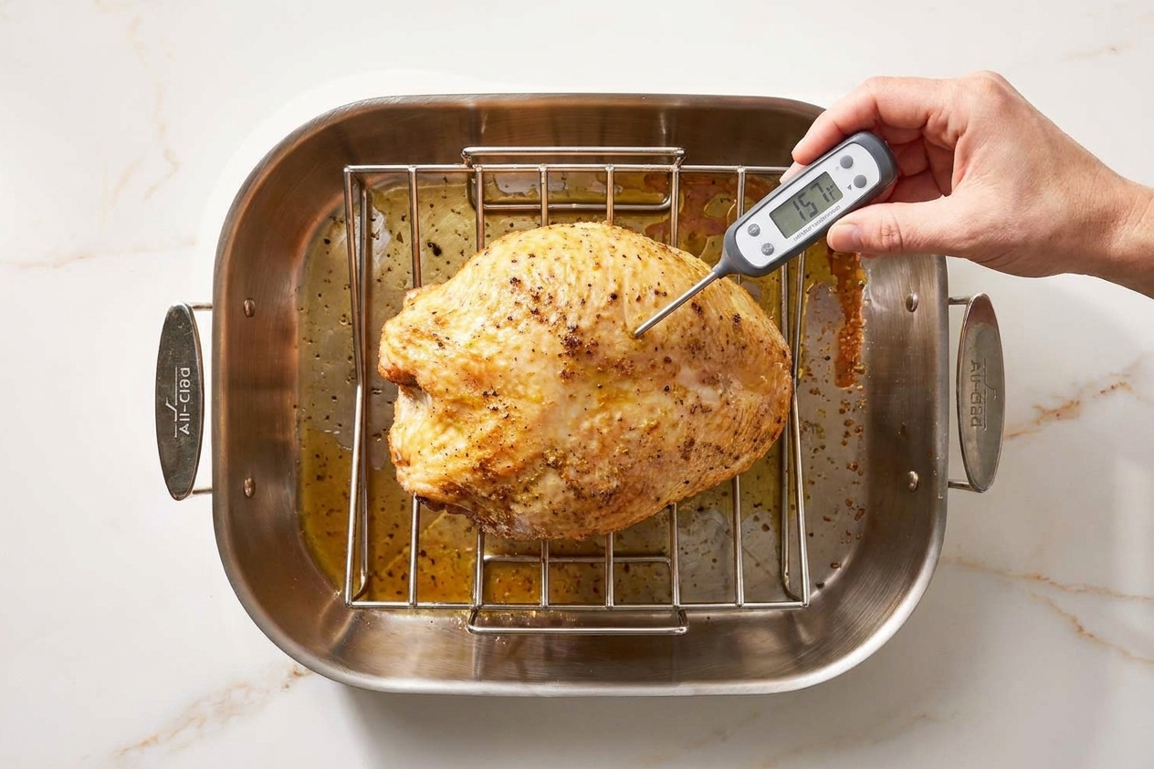 An instant read thermometer being inserted into the thickest part of a roasted turkey breast, angled away from the bone