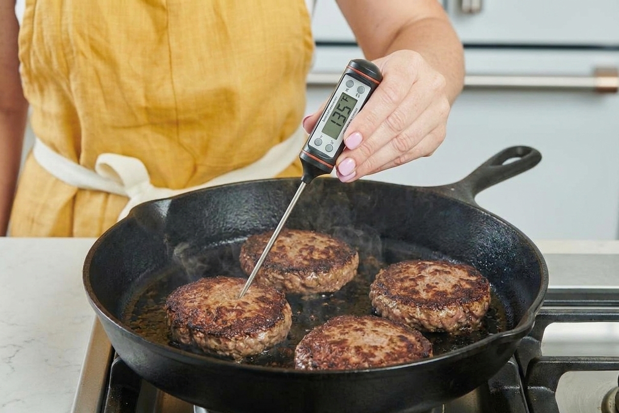 An instant-read thermometer being used to check the temperature of a burger patty in a skillet on a home stove