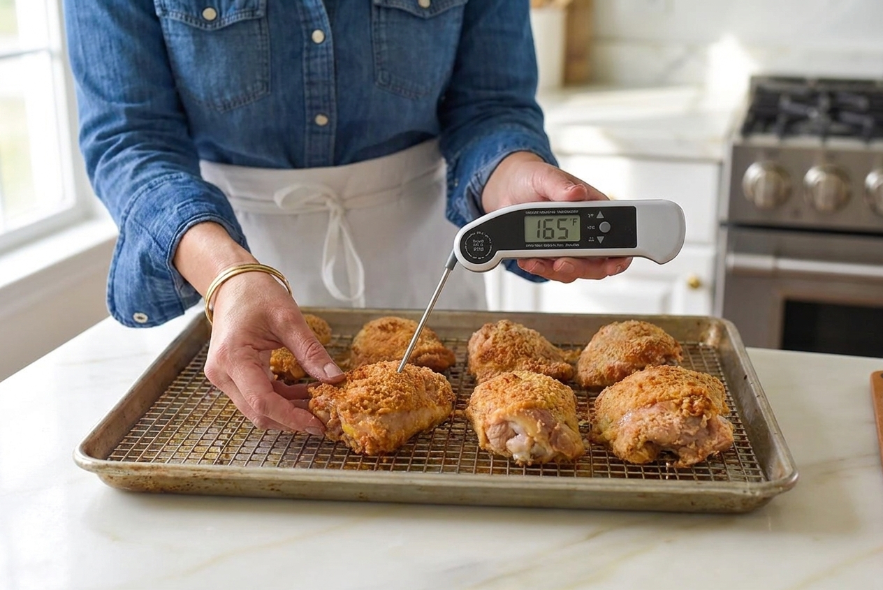 An instant-read thermometer inserted into a baked chicken thigh on a sheet pan showing the internal temperature