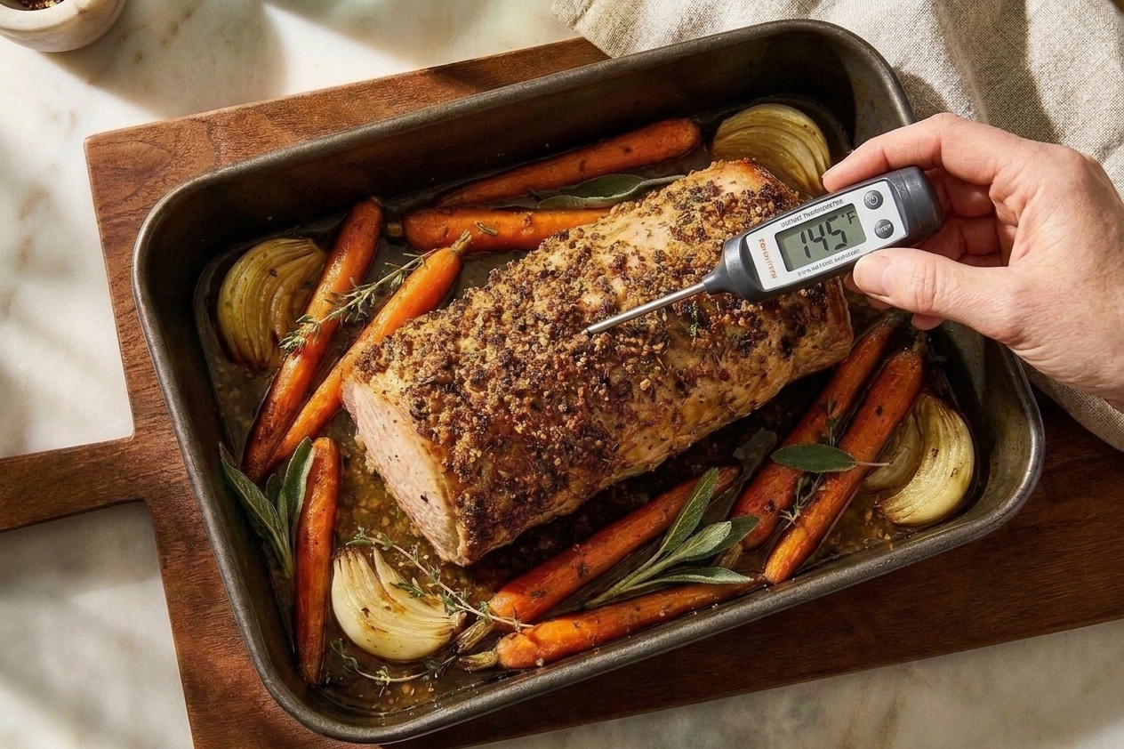 An instant-read thermometer inserted into a pork roast in a roasting pan, showing a temperature in the mid-140s