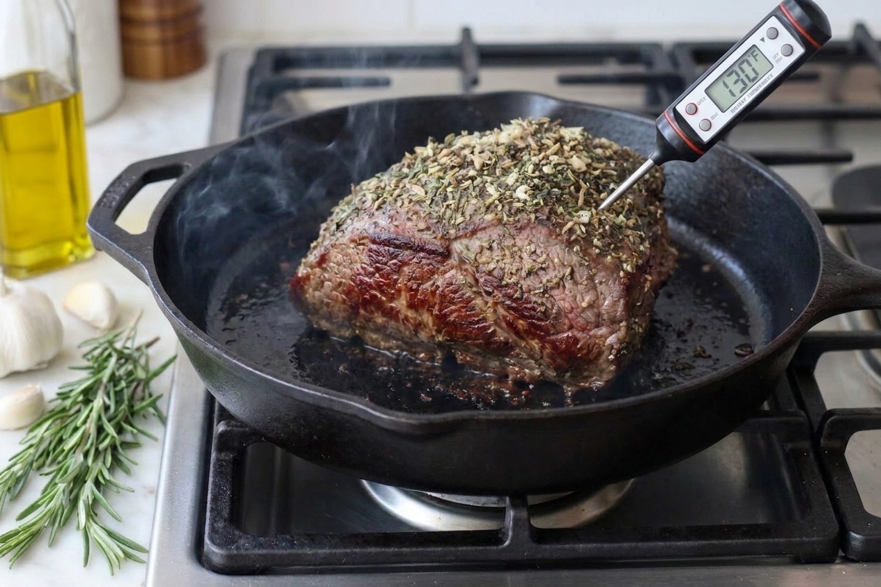 An instant-read thermometer inserted into a roast showing the internal temperature as it finishes cooking