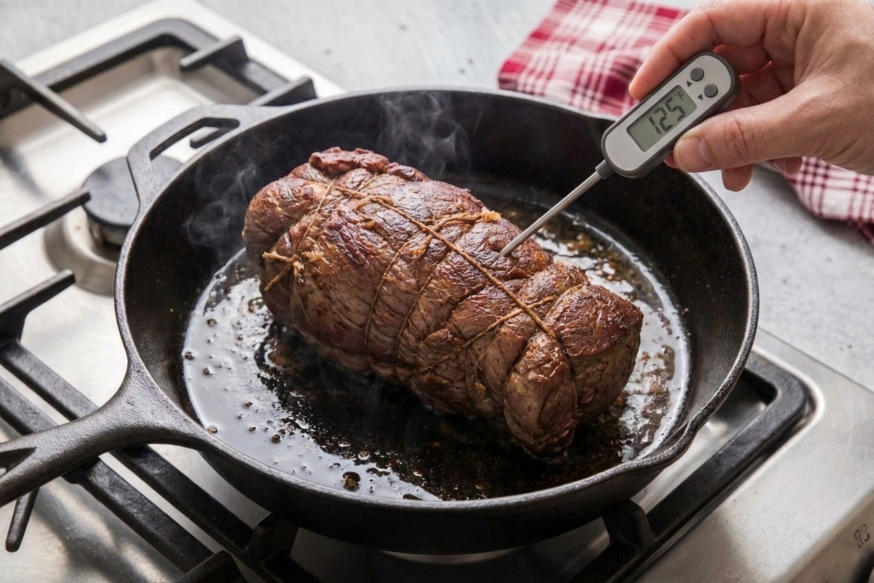 An instant-read thermometer inserted into a tenderloin roast in an oven-safe skillet during roasting to check doneness