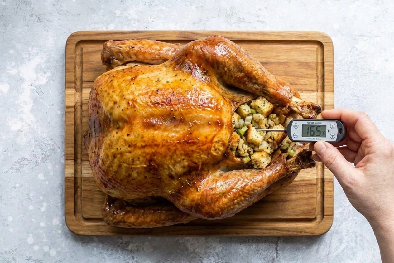 An instant-read thermometer inserted into bread stuffing inside a roasted turkey on a carving board