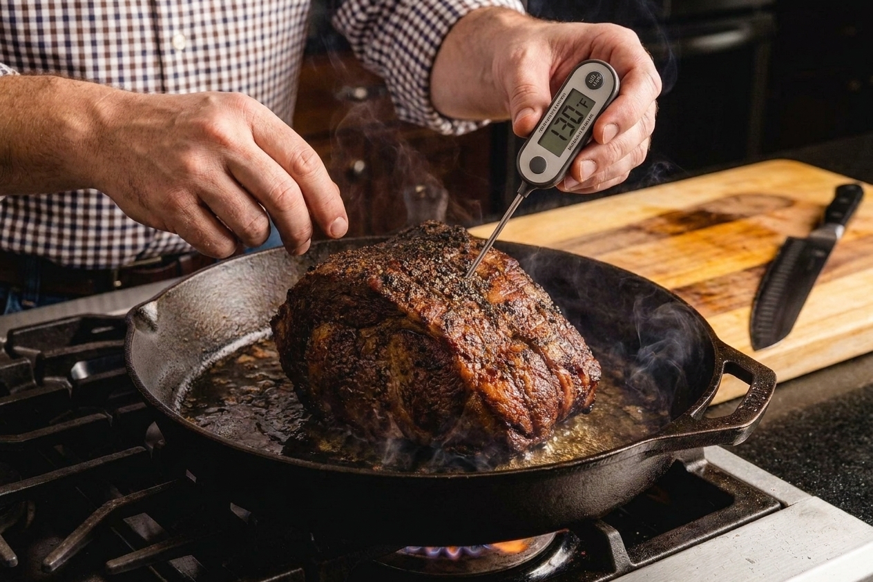 An instant-read thermometer inserted into the center of a New York strip roast in a skillet, checking for medium-rare temperature