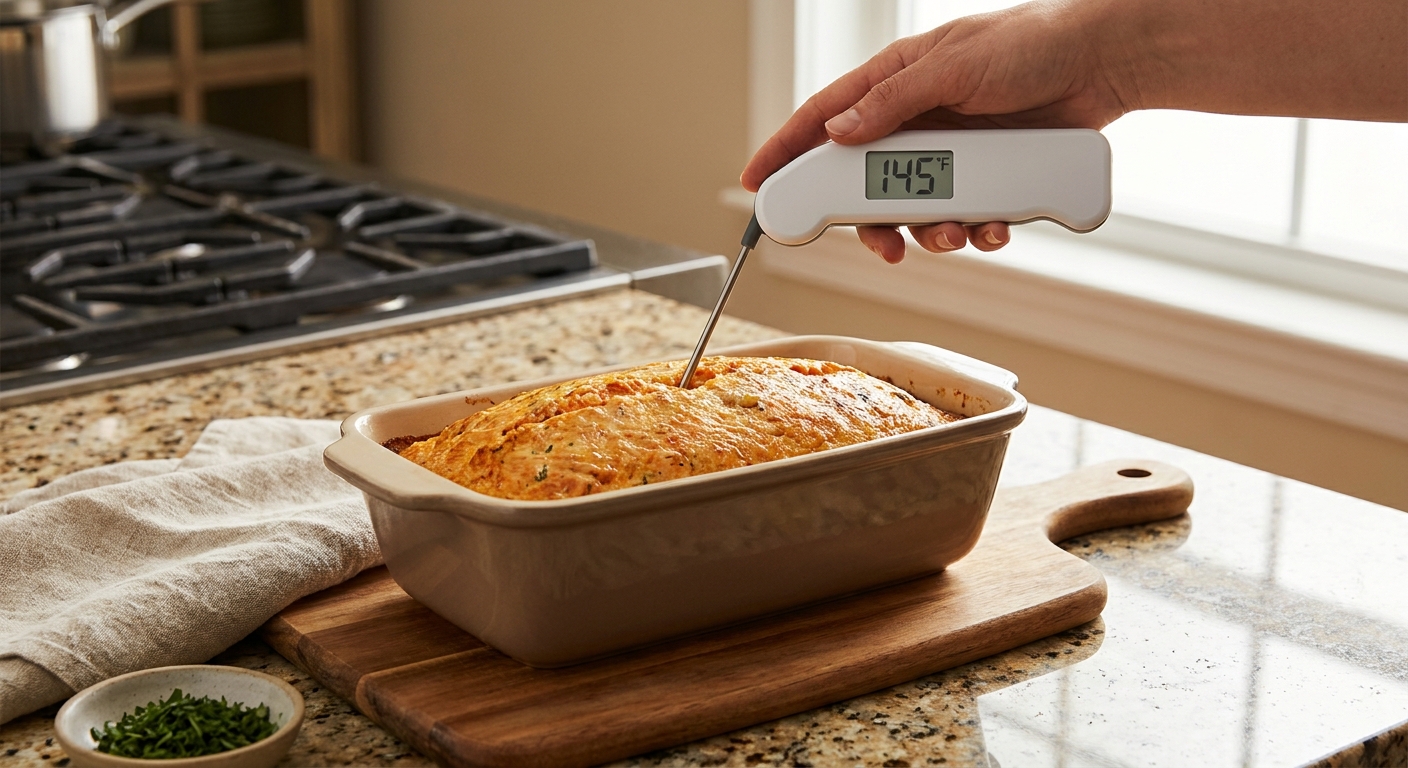 An instant-read thermometer inserted into the center of a baked salmon loaf in a loaf pan