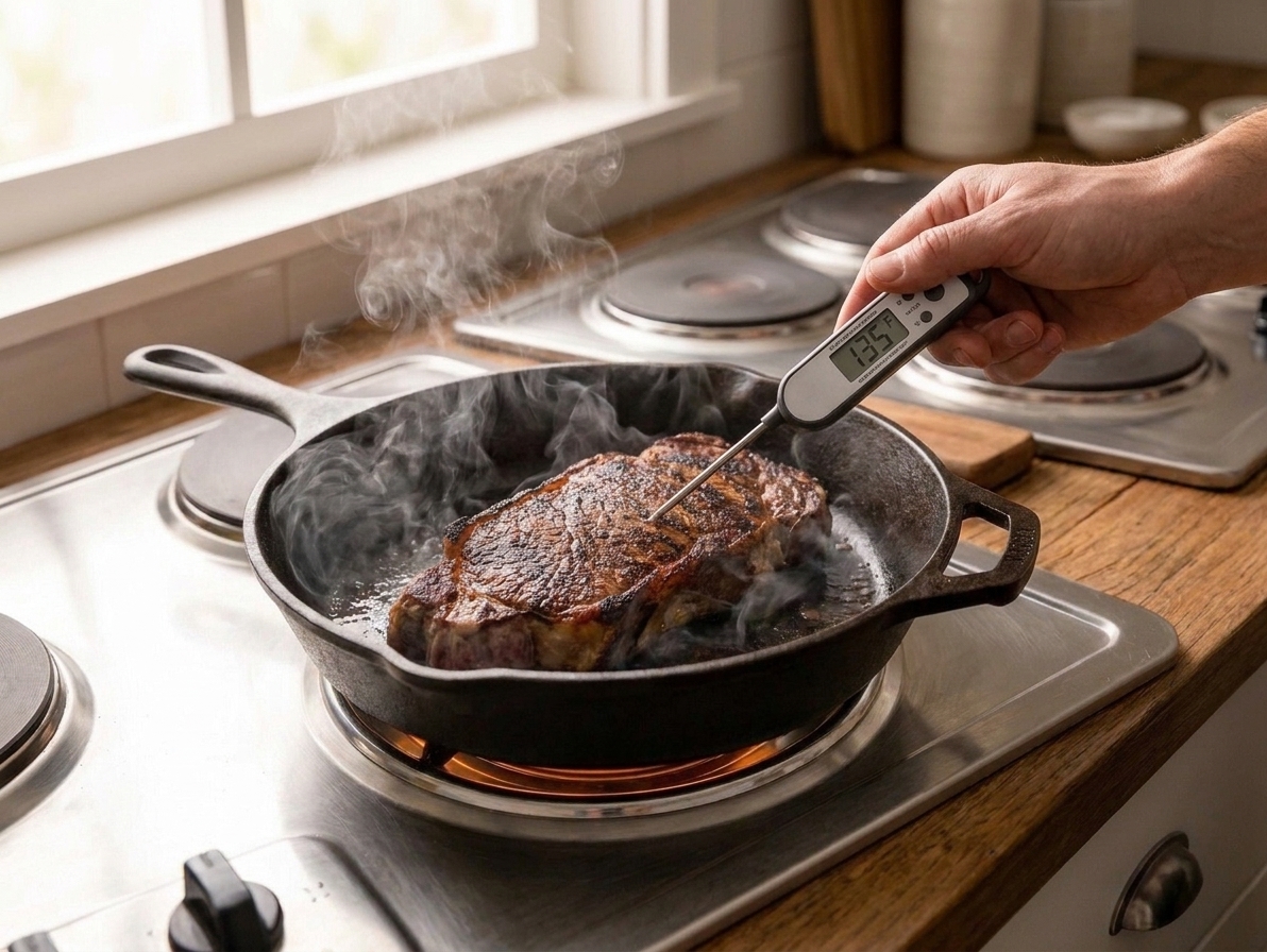 An instant-read thermometer inserted into the thickest part of a striploin steak in a skillet