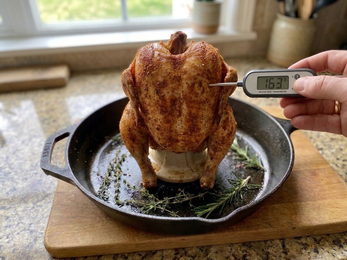 An instant-read thermometer inserted into the thickest part of a roasted chicken breast while the chicken stands upright in a pan