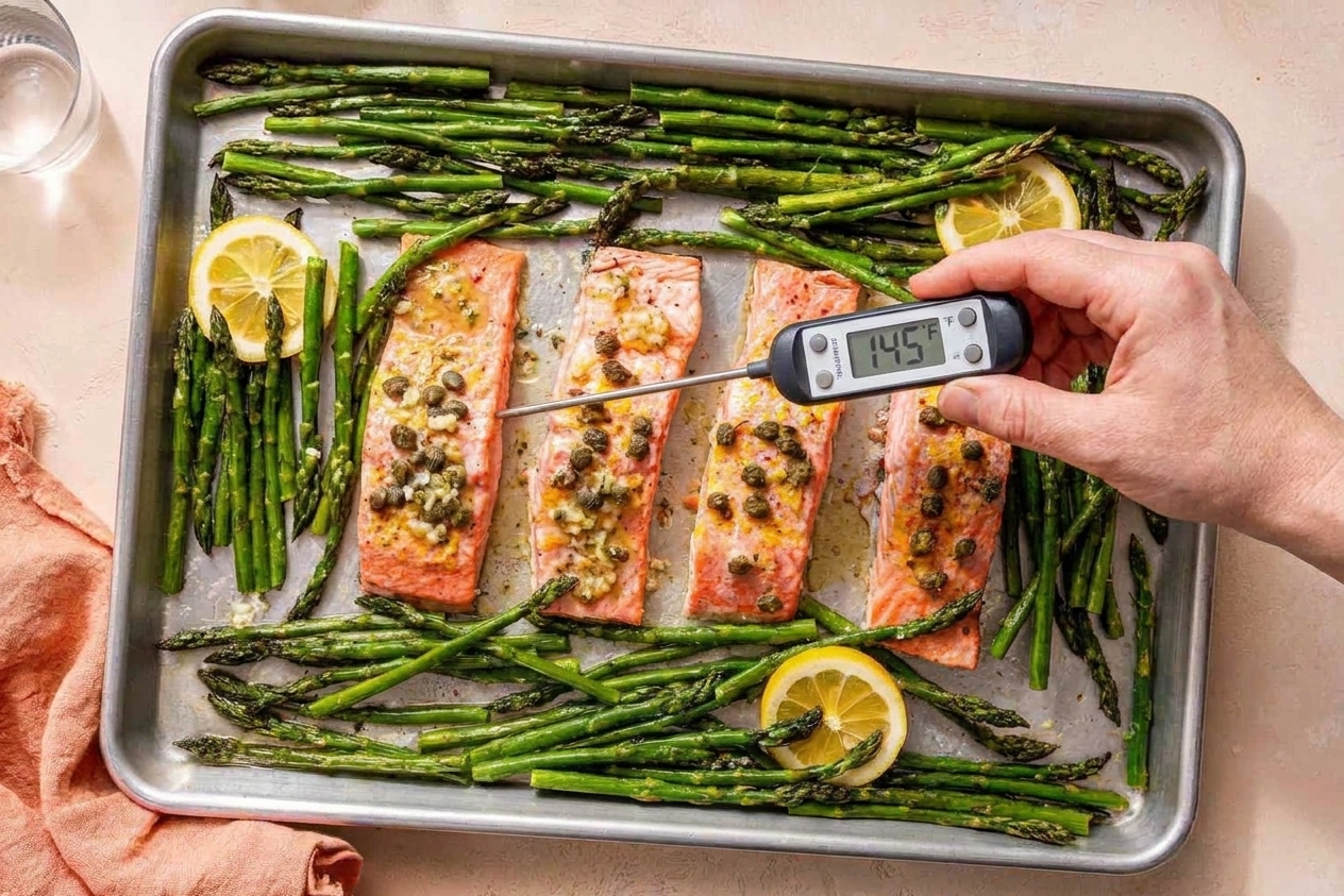 An instant read thermometer inserted into the thickest part of a baked salmon fillet on a sheet pan
