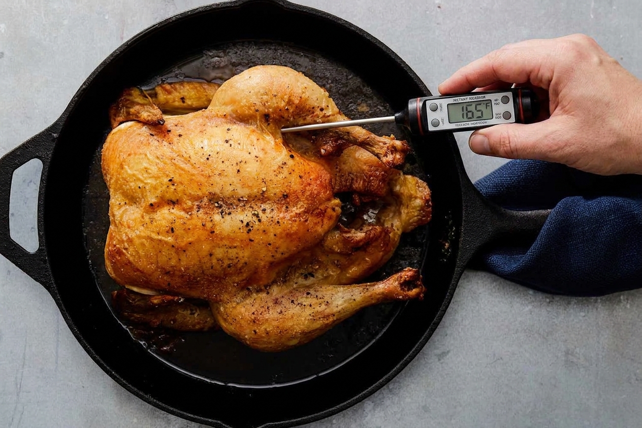 An instant-read thermometer inserted into the thickest part of a roasted chicken thigh in a cast iron skillet