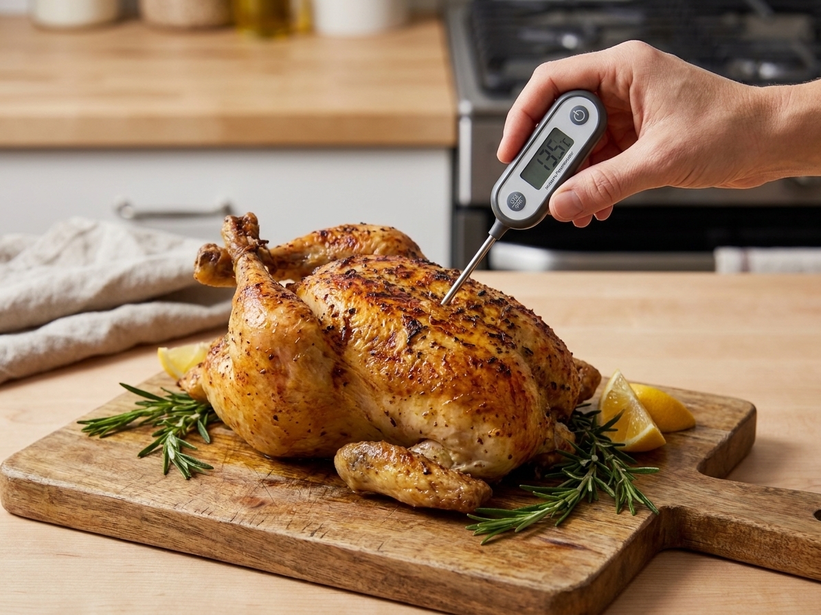 An instant-read thermometer inserted into the thickest part of a roasted chicken breast while the chicken rests on a cutting board