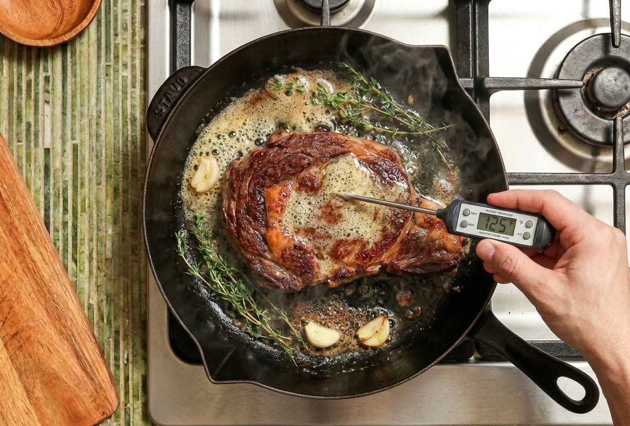 An instant-read thermometer probing a boneless steak in a hot skillet while butter foams around the edges