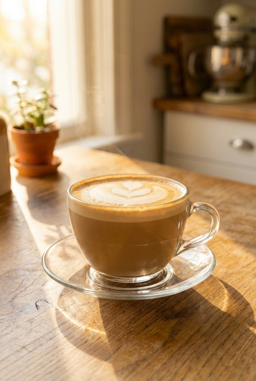 An oat milk latte in a clear glass on a saucer with morning sunlight