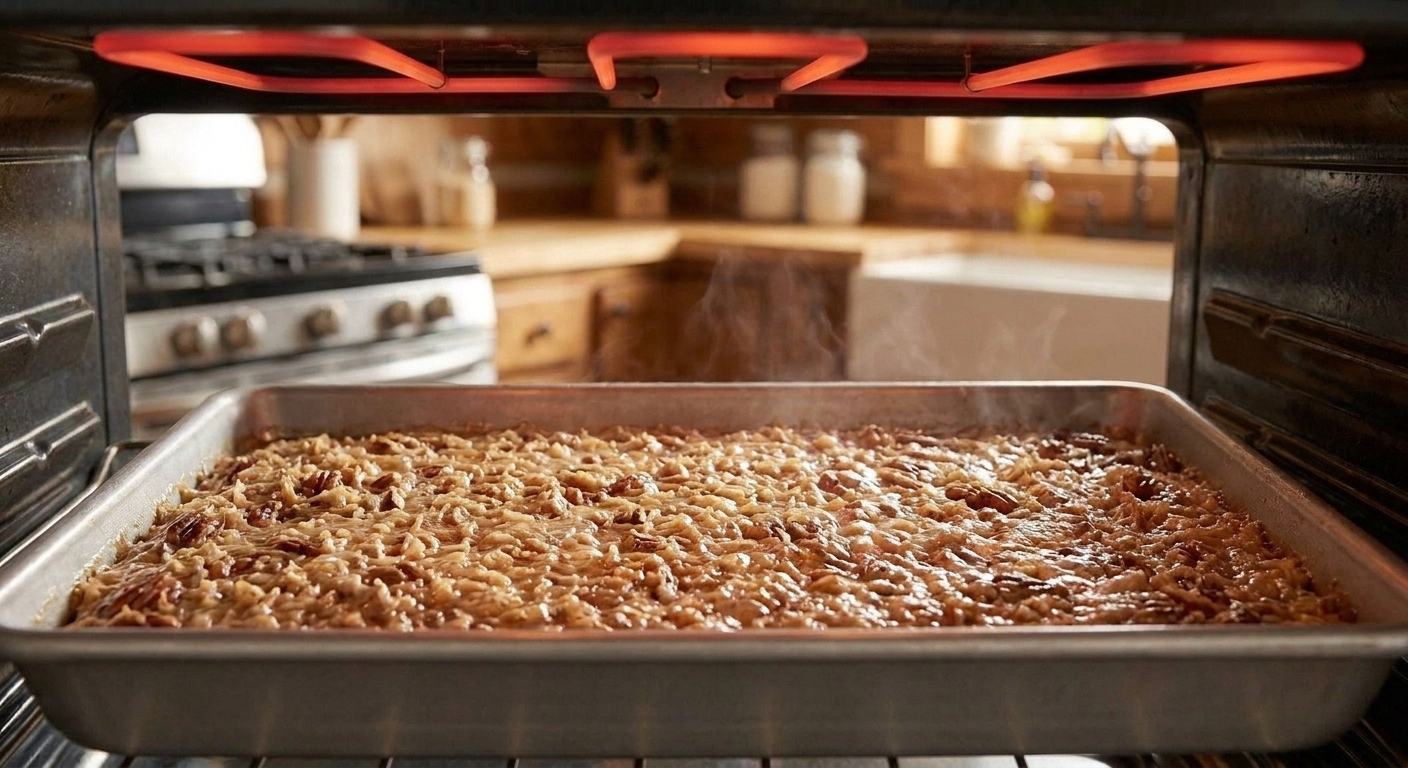 An oatmeal cake under the broiler as the coconut-pecan topping bubbles and turns golden