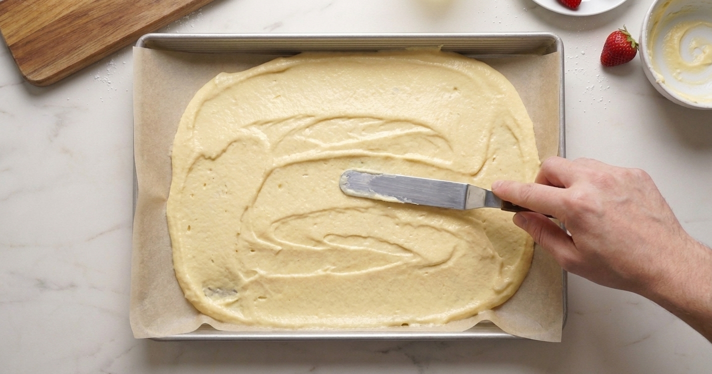 An offset spatula spreading swiss roll sponge batter evenly in a parchment lined jelly roll pan