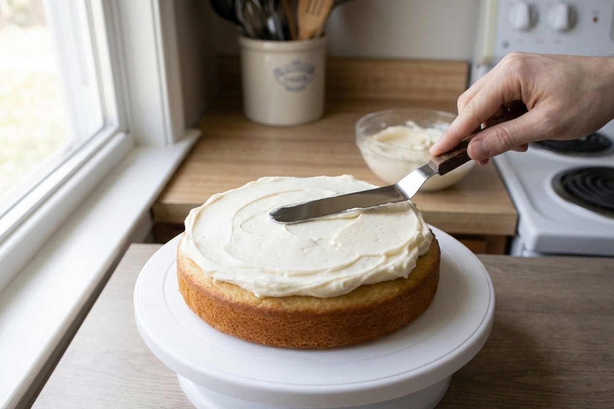 An offset spatula spreading a layer of white buttercream smoothly over the top of a round cake on a turntable