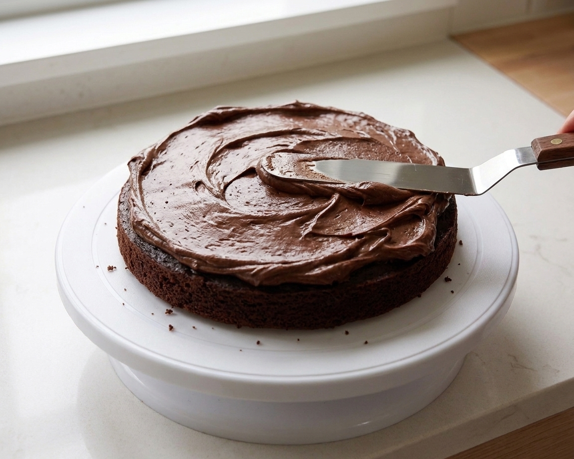 An offset spatula spreading a thick layer of chocolate frosting over a cooled round cake on a turntable