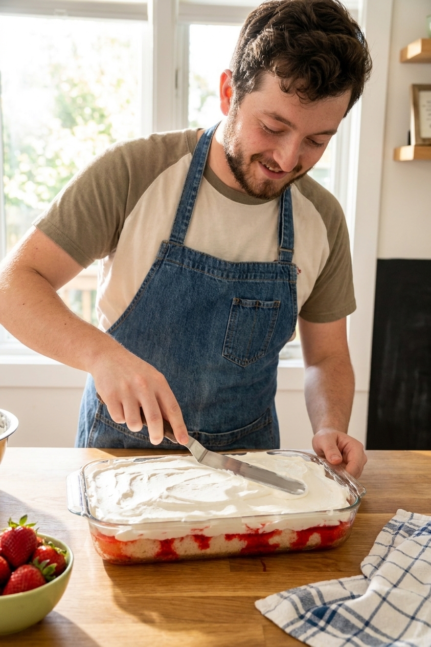 An offset spatula spreading a thick layer of whipped topping over a chilled strawberry Jello poke cake in a 9x13 pan, bright kitchen food photography