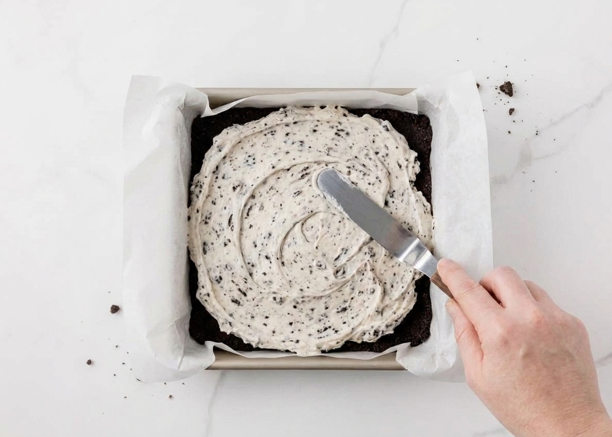 An offset spatula spreading cookies-and-cream cheesecake filling over a dark Oreo crust in a parchment-lined pan