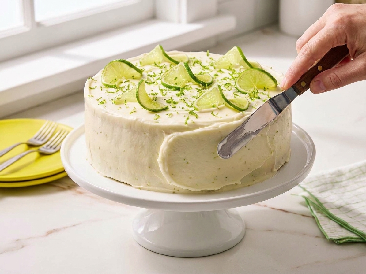 An offset spatula spreading cream cheese frosting over the side of a two-layer key lime cake on a cake stand