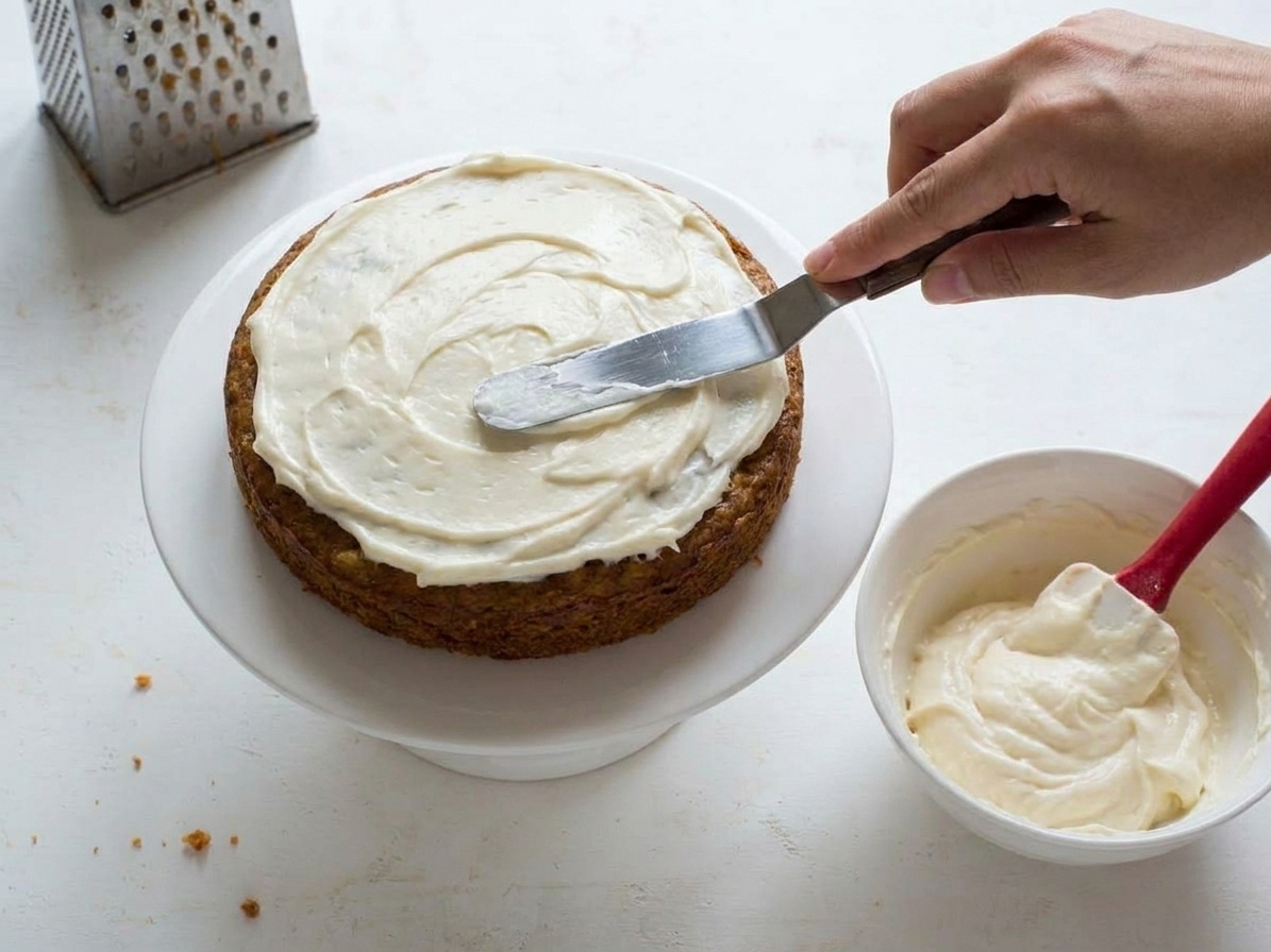 An offset spatula spreading cream cheese frosting over a carrot cake layer on a cake stand