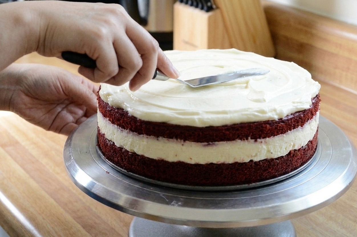 An offset spatula spreading cream cheese frosting over a stacked red velvet cheesecake on a cake stand