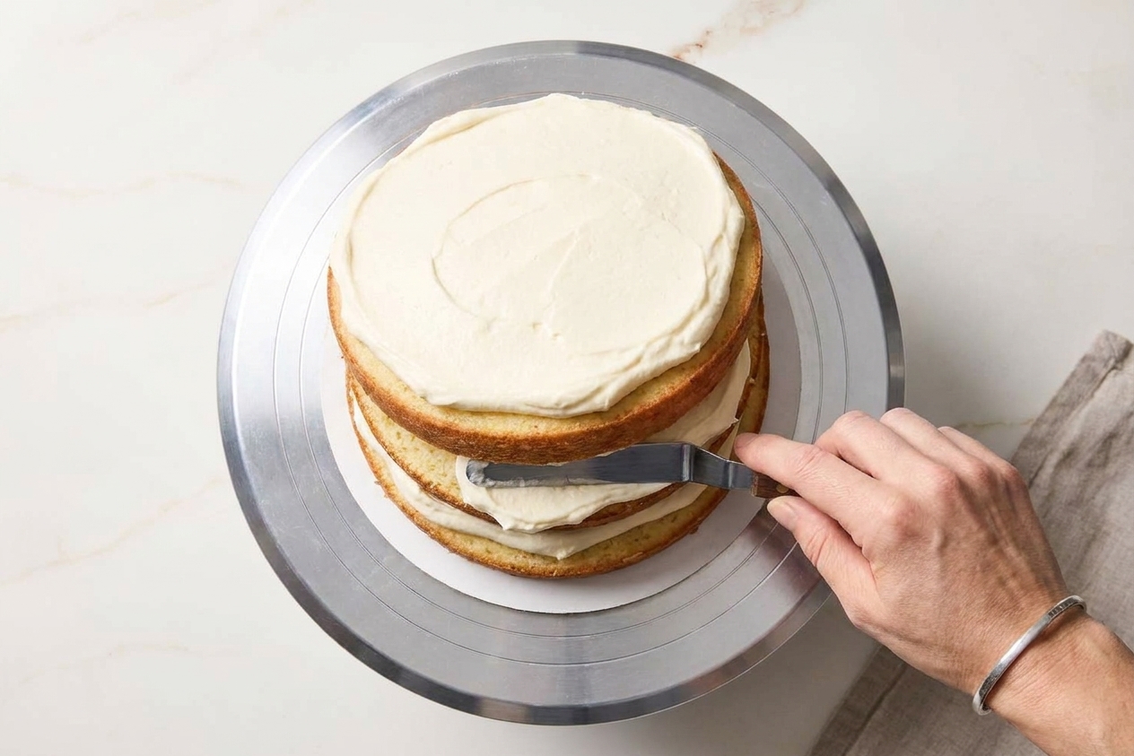 An offset spatula spreading mascarpone Chantilly cream over the side of a two-layer vanilla cake on a rotating cake stand