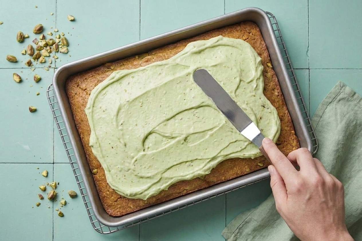 An offset spatula spreading pale green pistachio topping over a cooled sheet cake in a baking pan