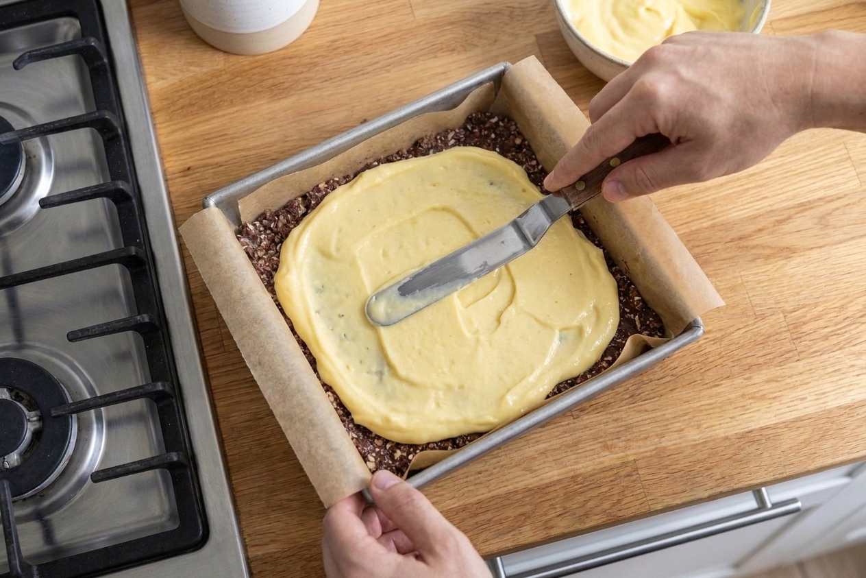 An offset spatula spreading pale yellow custard-butter filling evenly over a chilled chocolate coconut base in a square pan