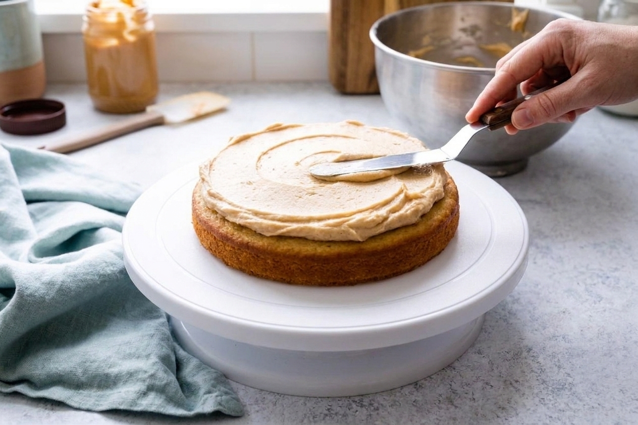 An offset spatula spreading peanut butter frosting over a single cake layer on a turntable on a bright kitchen counter