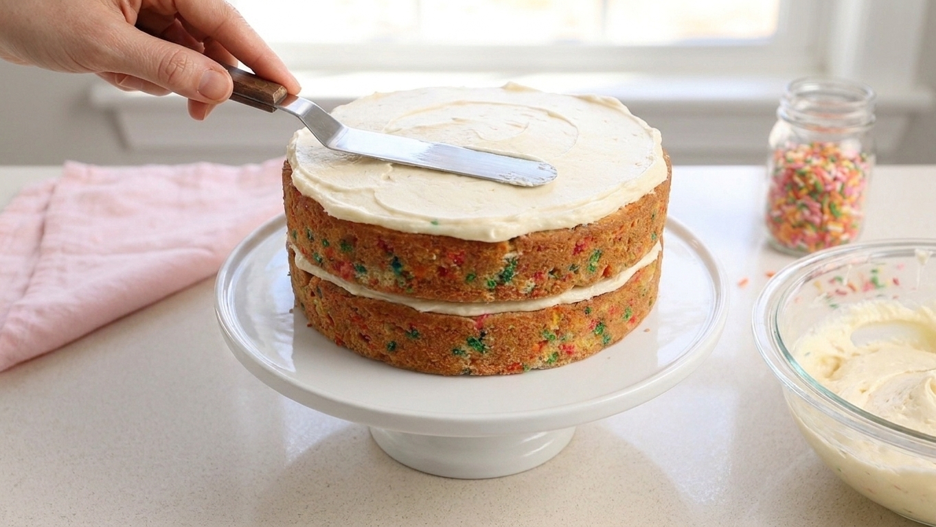 An offset spatula spreading vanilla buttercream over a Funfetti layer cake on a cake stand in a home kitchen