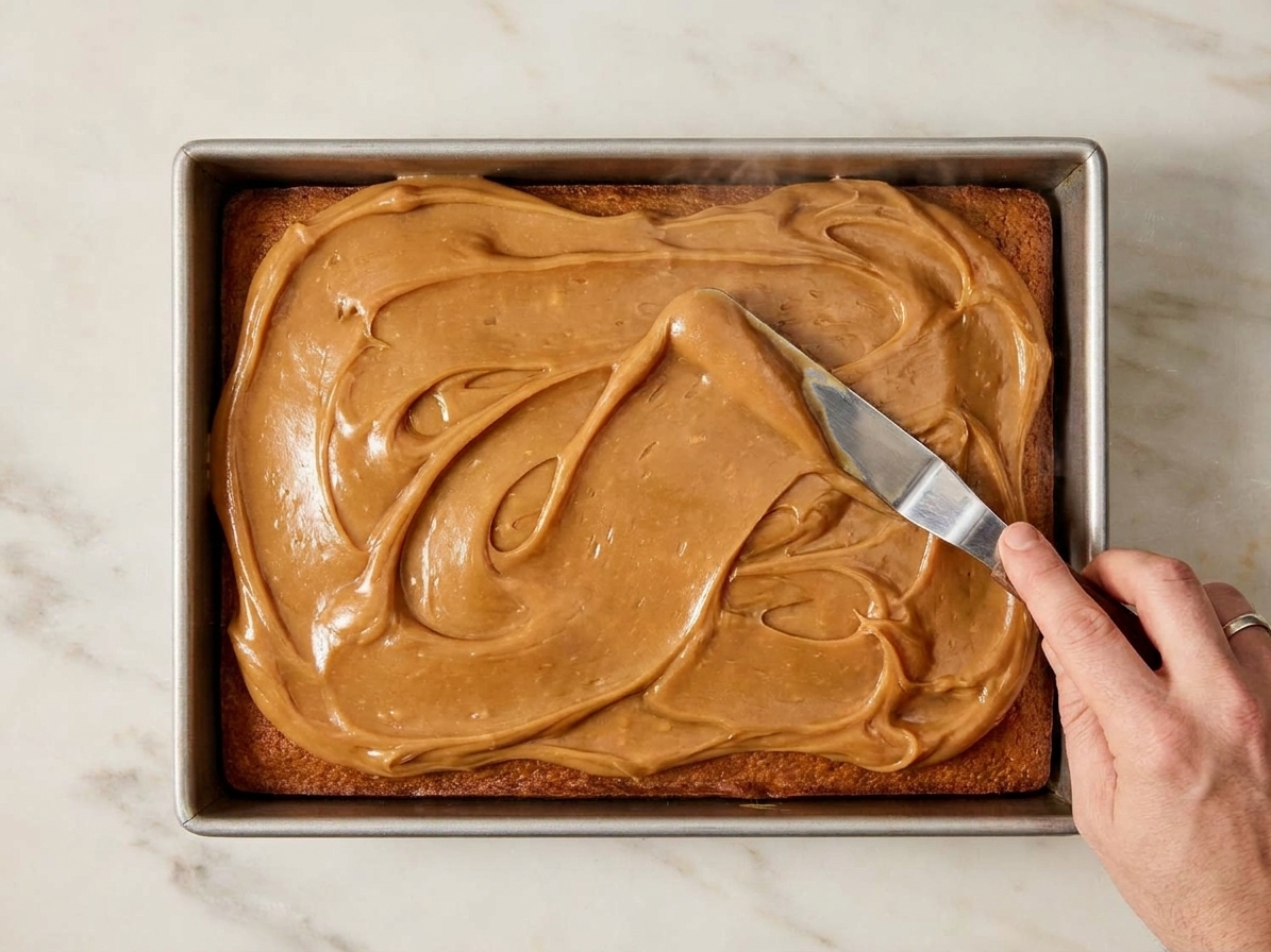 An offset spatula spreading warm caramel frosting in thick swoops over a cooled cake in a baking pan