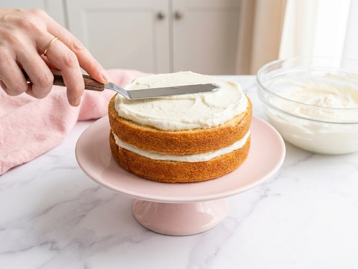 An offset spatula spreading yogurt frosting onto a small two-layer smash cake on a cake stand