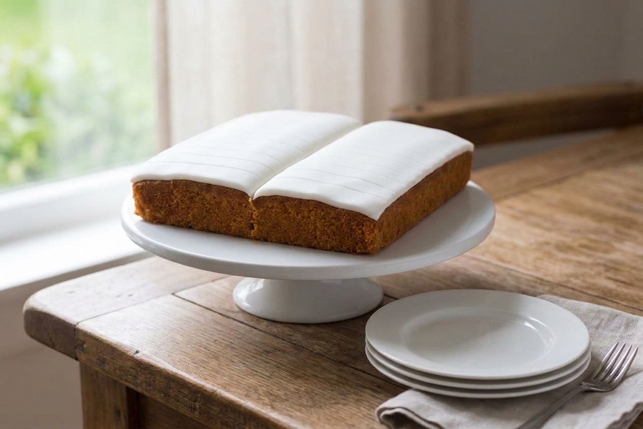 An open blank book cake on a wooden kitchen table, with white fondant pages, subtle page texture, and clean buttercream edges under soft natural light