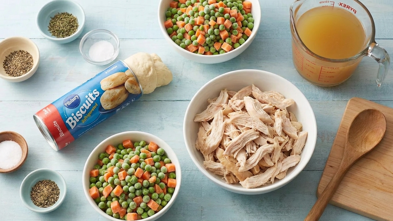 An open can of Pillsbury refrigerated biscuits next to bowls of shredded chicken, frozen mixed vegetables, broth, and seasonings on a kitchen counter