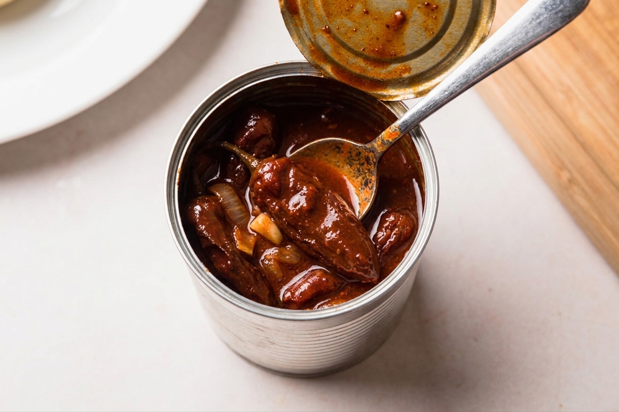 An open can of chipotle peppers in adobo with a spoon resting inside on a kitchen counter