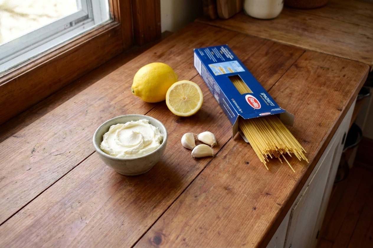 An open container of mascarpone on a wooden countertop beside a lemon, garlic, and a box of pasta in a cozy home kitchen