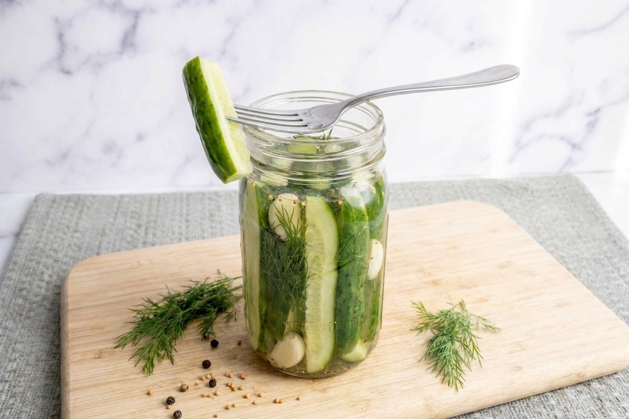 An open jar of finished refrigerator pickles with crisp cucumber spears and dill, sitting on a countertop with a fork nearby