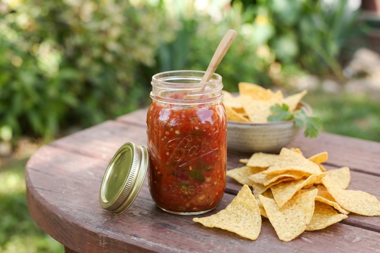 An open jar of homemade salsa on a table next to tortilla chips