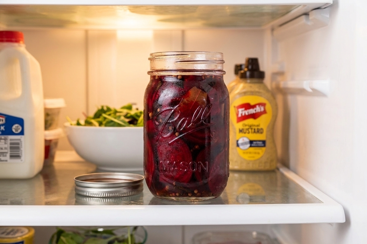 An open jar of pickled beets on a refrigerator shelf with the lid set beside it, showing beet slices submerged in brine