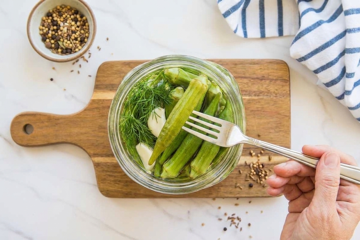 An open jar of pickled okra with one okra pod being lifted from the brine with a fork.