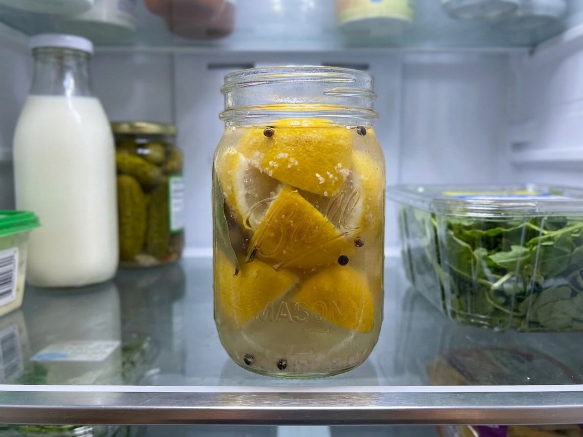 An open jar of preserved lemons on a refrigerator shelf with the lemons submerged in brine